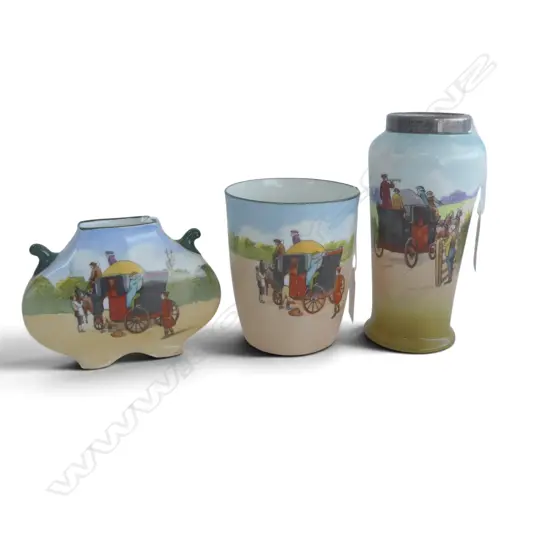 3 ROYAL DOULTON COACHING DAYS VASES, RARE BLUE SKIES VARIATION, 1 w STG SILVER RIM, H.150/100/80mm