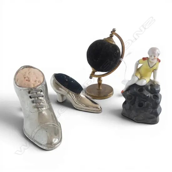 3 EDWARDIAN PIN CUSHIONS 2 SHOES L150 & 100MM & GLOBE H120MM & DOLL ORNAMENT