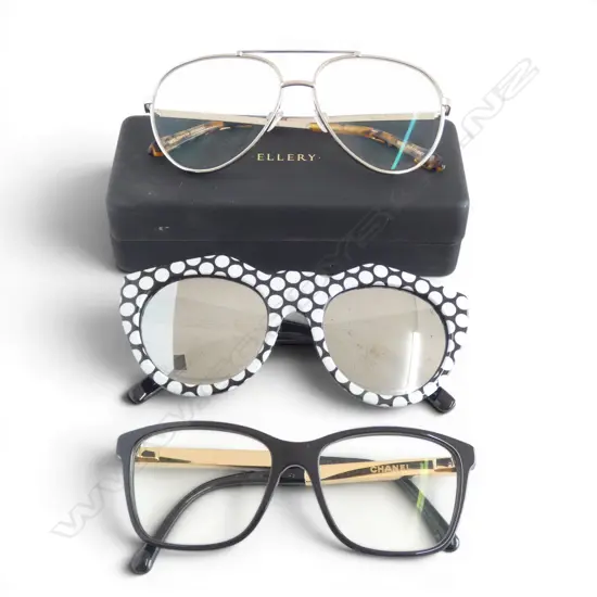 3 PRS GLASSES; ELLERY AVIATOR PRESCRIPTION, CASED + CHANEL & LE SPECS