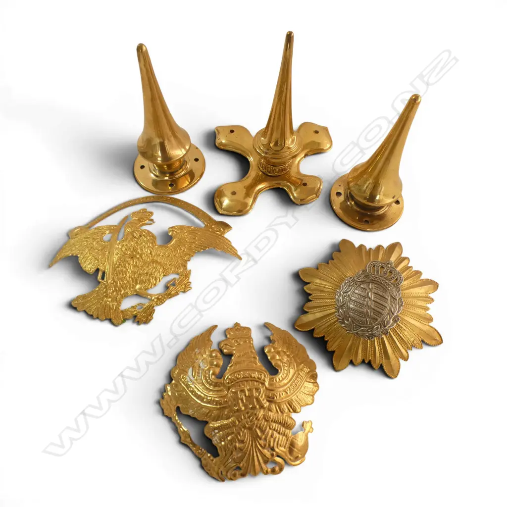6 BRASS WWI HELMET SPIKE & BADGE ATTACHMENTS Image 1++