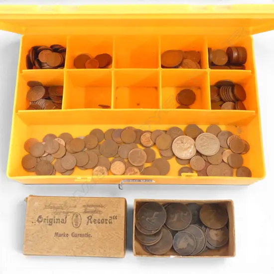 COLLECTION NZ OLDER COINS + BOX ENGLISH PENNIES C1900---