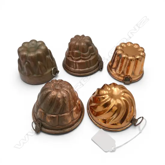 5 COPPER JELLY MOULDS H.65mm, 90mm dia