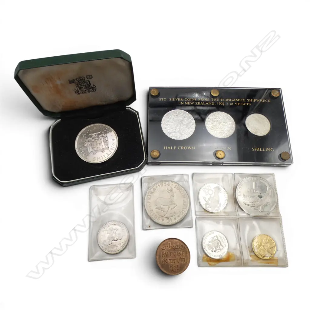 ASST. WORLD COINS; PALESTINE 1942, JAMAICA FIVE SHILLINGS, 3 PCE SILVER COINS SET ELINGAMITE SHIPWRECK NZ Ed. OF 500 etc Image 1++