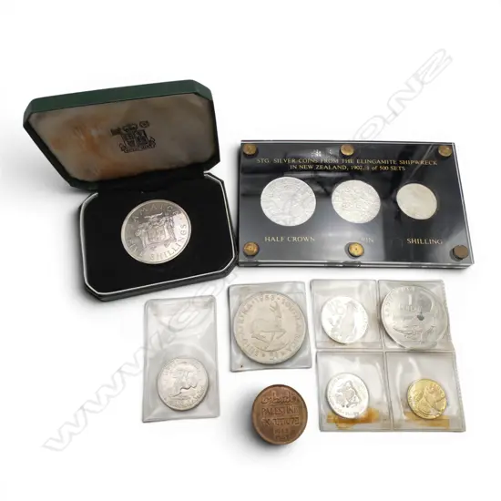 ASST. WORLD COINS; PALESTINE 1942, JAMAICA FIVE SHILLINGS, 3 PCE SILVER COINS SET ELINGAMITE SHIPWRECK NZ Ed. OF 500 etc