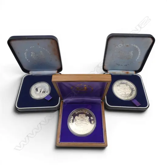 3 CASED SILVER PROOF COINS; REPUBLIC OF SINGAPORE 10th ANNIV. 1977, SINGAPORE 1978 & SINGAPORE 1977