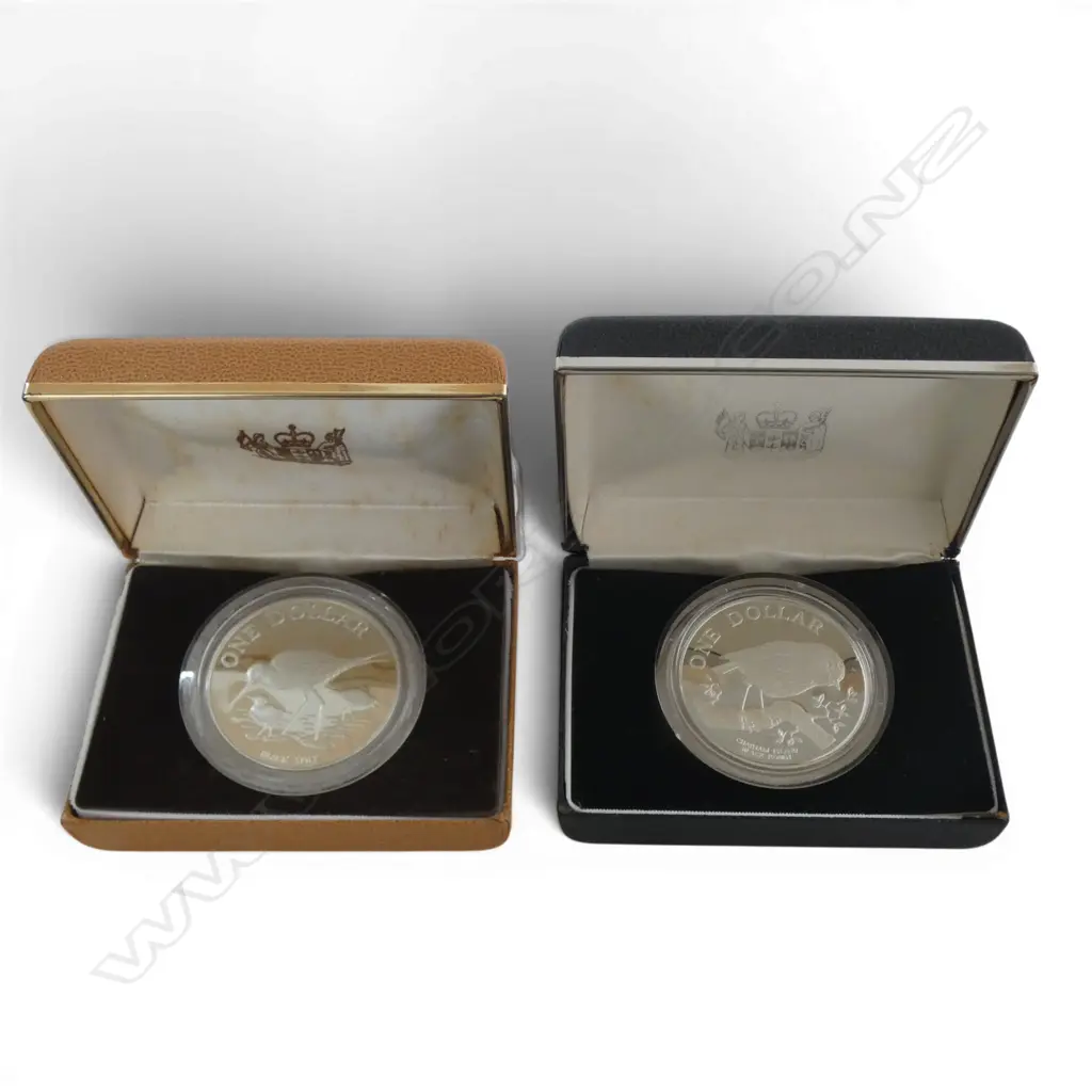 2  CASED NZ PROOF SILVER DOLLAR COINS 1984 & 1985 Image 1++