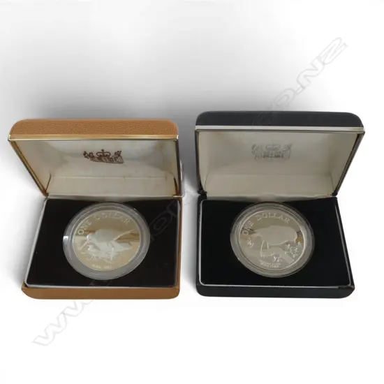 2  CASED NZ PROOF SILVER DOLLAR COINS 1984 & 1985