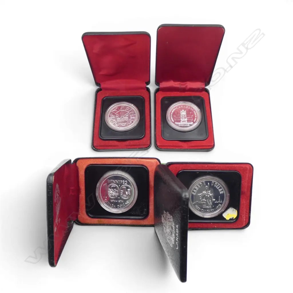 4 CASED CANADA .500 PROOF DOLLARS; CALGARY 1875-1975, COMMONWALTH EDMONTON 1978, SILVER JUBILEE 1977, WINNIPEG 1874-1974 Image 1++
