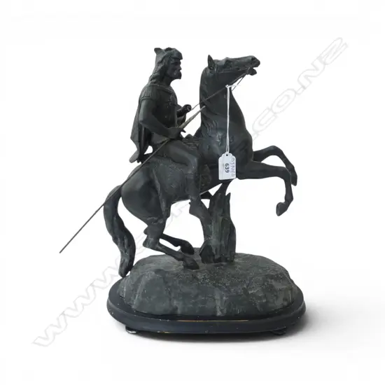 SPELTER SOLDIER ON HORSEBACK H.380mm horse front leg repaired