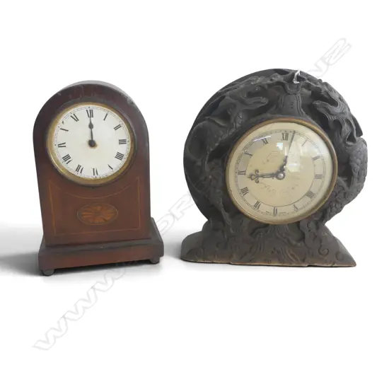 2 WOODEN CLOCKS; SHERATON STYLE H.210mm, CARVED DRAGONS H.235mm