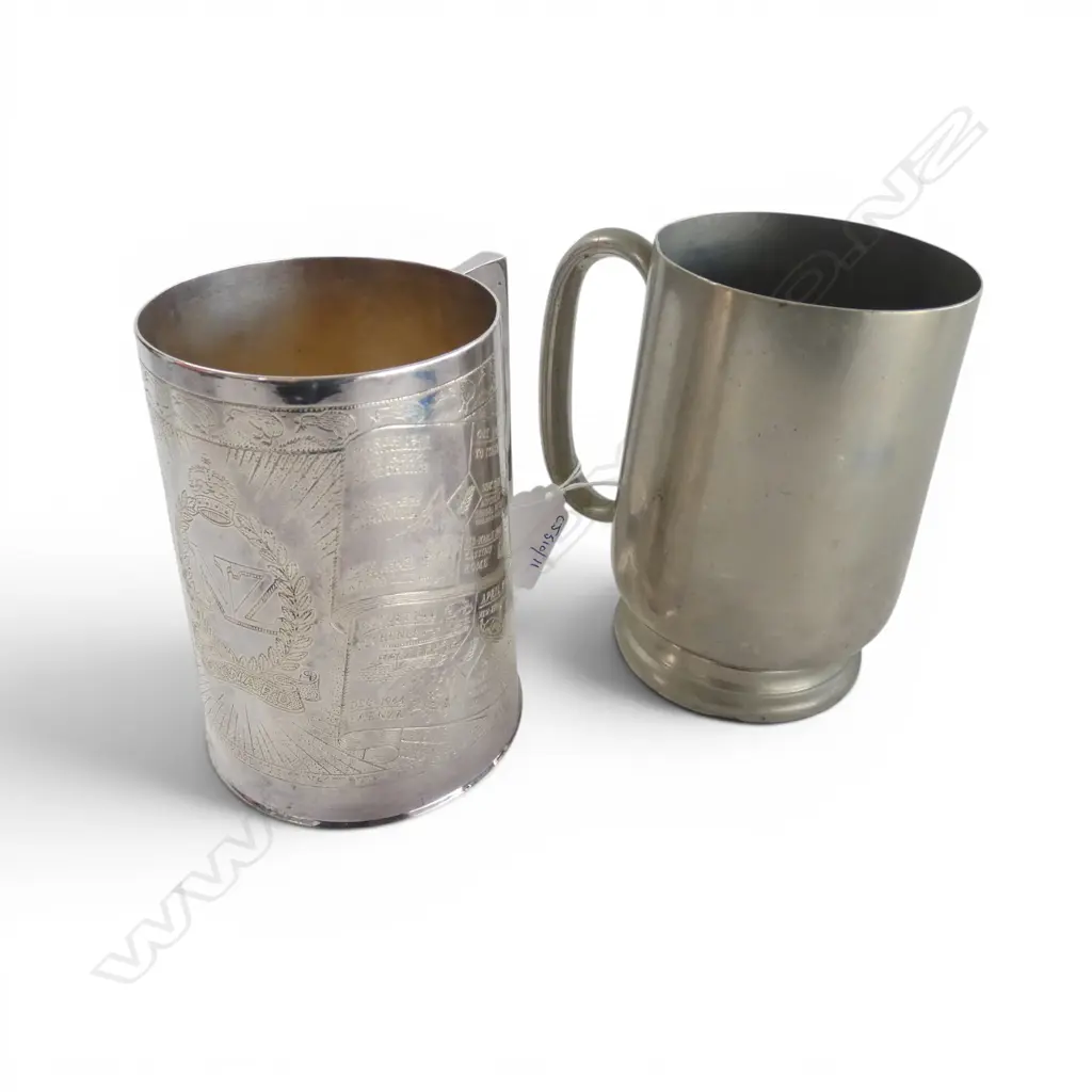 TRENCH ART SILVER PLATED  WW2 MUG & ANOTHER PINT MUG Image 1++