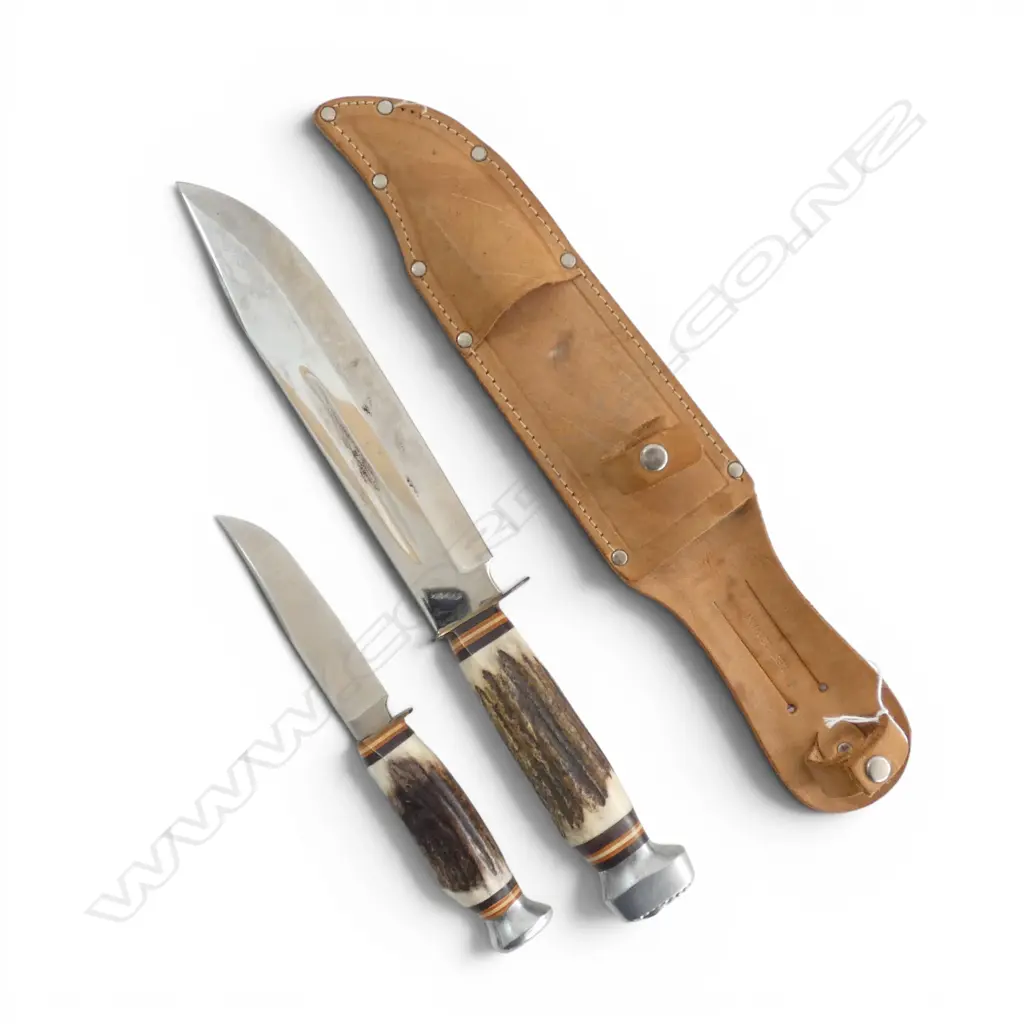 BARON SOLINGEN DOUBLE BOWIE & SKINNER KNIFE SET leather sheath, deer antler handle L.360mm Image 1++