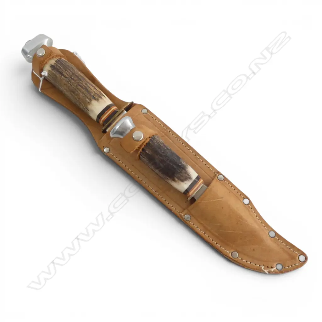 BARON SOLINGEN DOUBLE BOWIE & SKINNER KNIFE SET leather sheath, deer antler handle L.360mm Image 1++