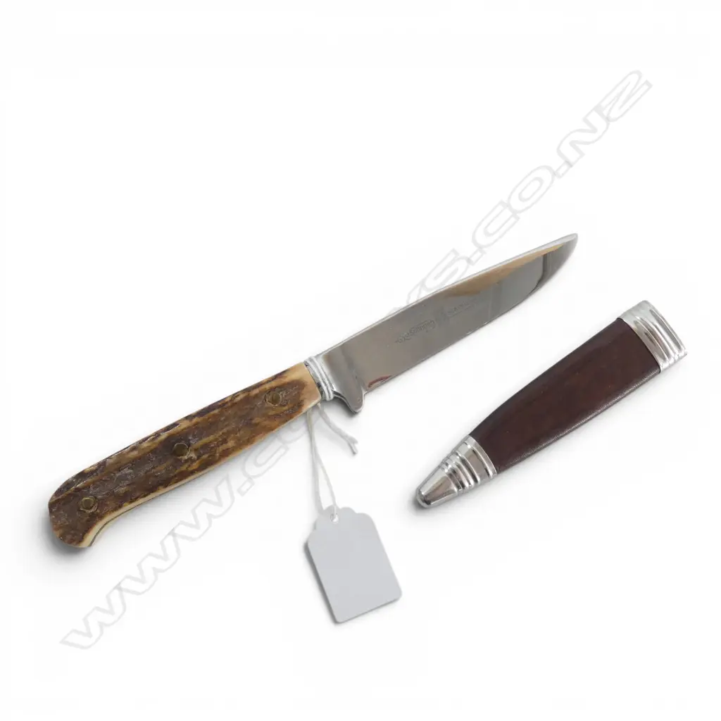 SOLINGEN STAINLESS BLADE w. DEER ANTLER HANDLE & LEATHER SHEATH L.215mm Image 1++
