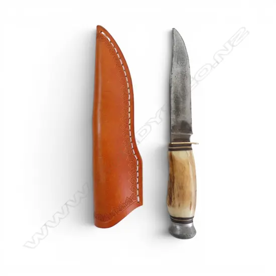 GERMAN HUNTING KNIFE antler handle, embossed leather sheath L.230mm