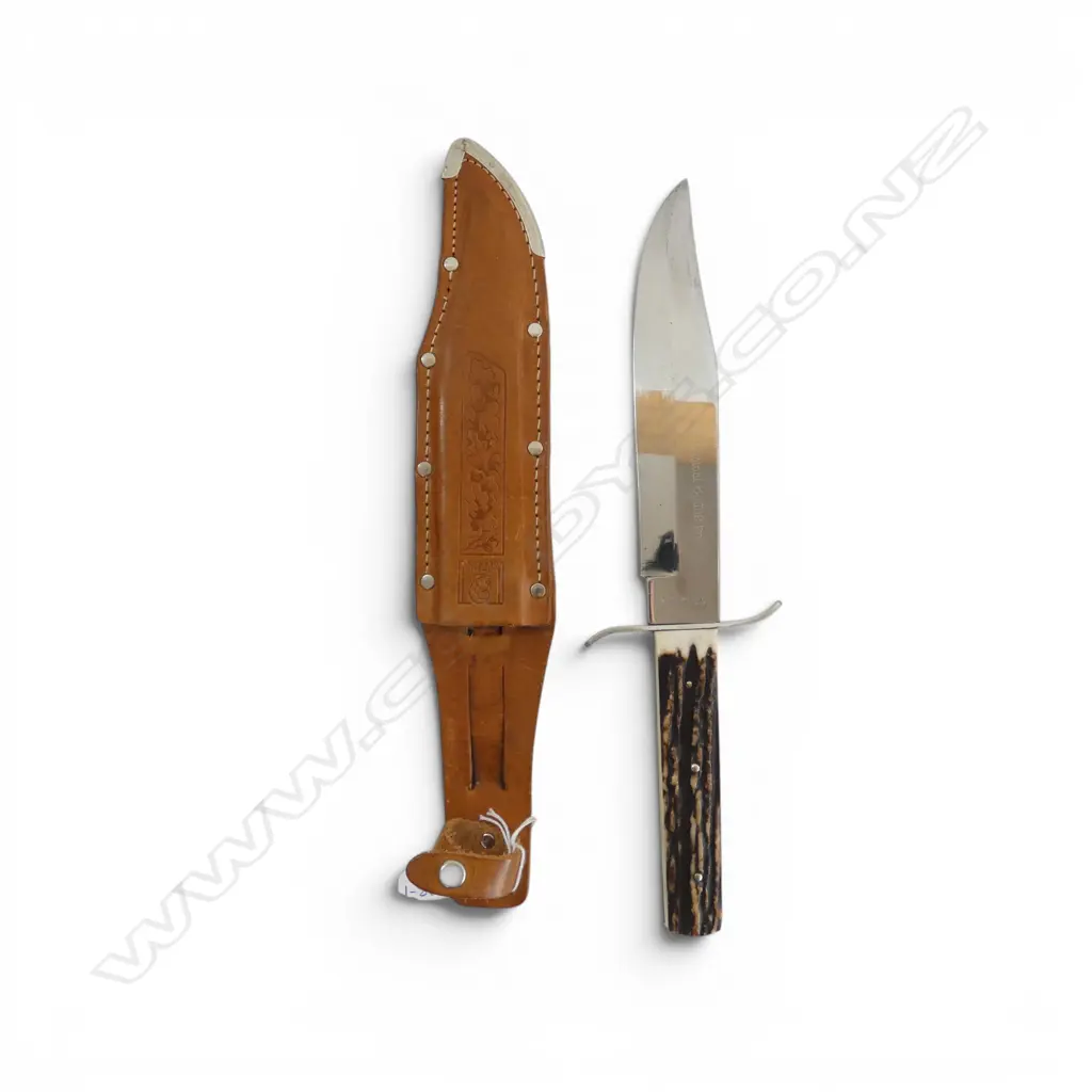 OTHELLO ORIGINAL SOLINGEN BOWIE KNIFE embossed leather sheath, deer antler handle L.315mm Image 1++
