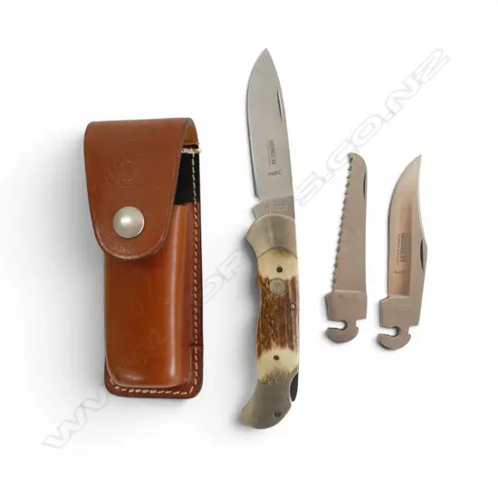 BOKER OPTIMA STAG 440C SILINGEN FOLDING KNIFE with two additional blades, leather sheath, deer antler handle L.160mm