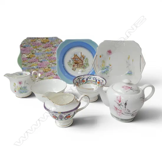 3 SHELLEY CHINA CAKE PLATES TEAPOT 2 C/SUGARS MIXED PATS