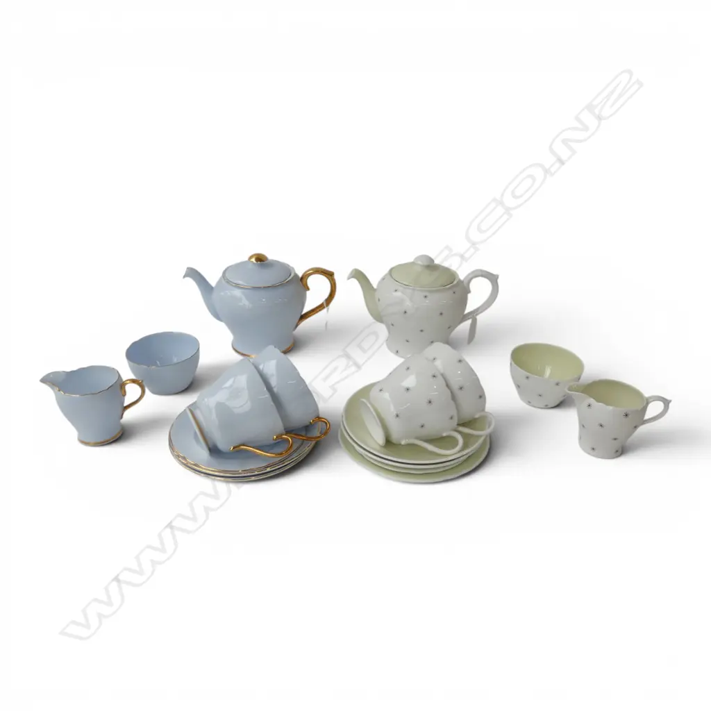 2 PART SHELLEY TEASETS 2 TEA POTS 4CS 2 CS ETC POWDER BLUE & STAR PATS Image 1++