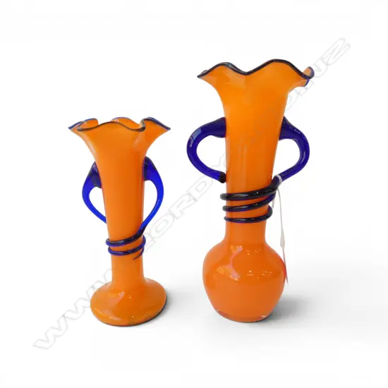 2 ORANGE TANGO GLASS VASES H230 &190MM