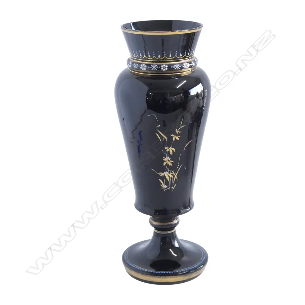 VICTORIAN HAND ENAMELED BLK GLASS PEDESTAL VASE, H.380mm Image 1++