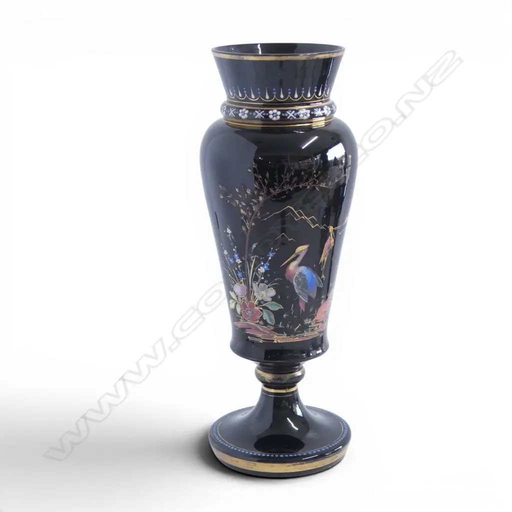 VICTORIAN HAND ENAMELED BLK GLASS PEDESTAL VASE, H.380mm Image 1++