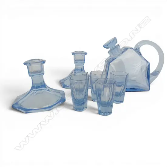 ART DECO BLUE GLASS; DECANTER w 5 GLASSES & 2 CANDLESTICKS