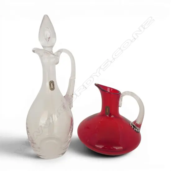 WHITE FRIARS RED  GLASS JUG H170 & WHITE FRIARS STOPPERED  TABLE OLIVE OIL BOTTLE H240MM