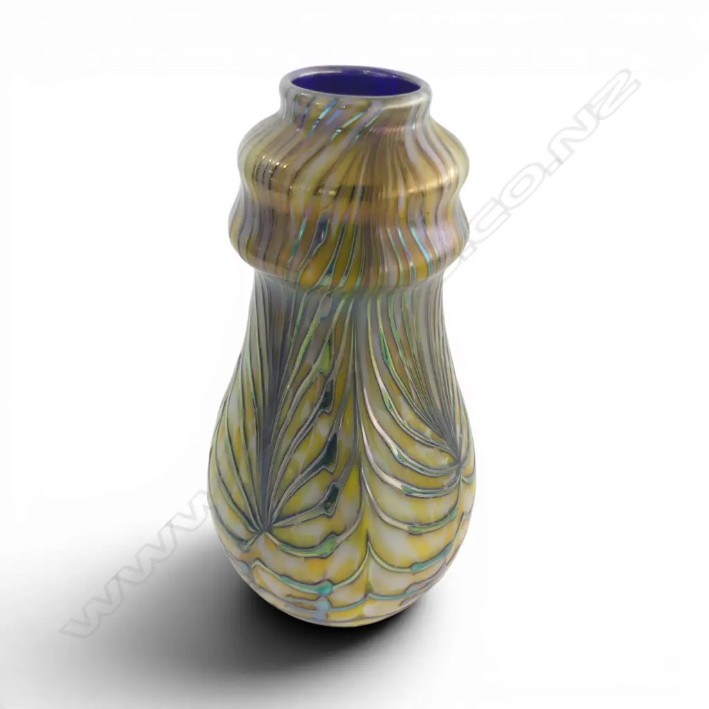 1995 NZ STUDIO IRIDESCENT GLASS VASE WITH SILVER toned OVERLAY. SIGNED H145MM Image 1++
