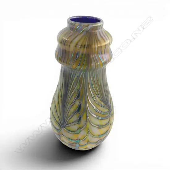 1995 NZ STUDIO IRIDESCENT GLASS VASE WITH SILVER toned OVERLAY. SIGNED H145MM