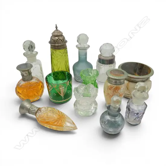 COLLECTION OF 13 VINTAGE EDWARDIAN PERFUME BOTTLES STOPPED TOILET BOTTLES ETC