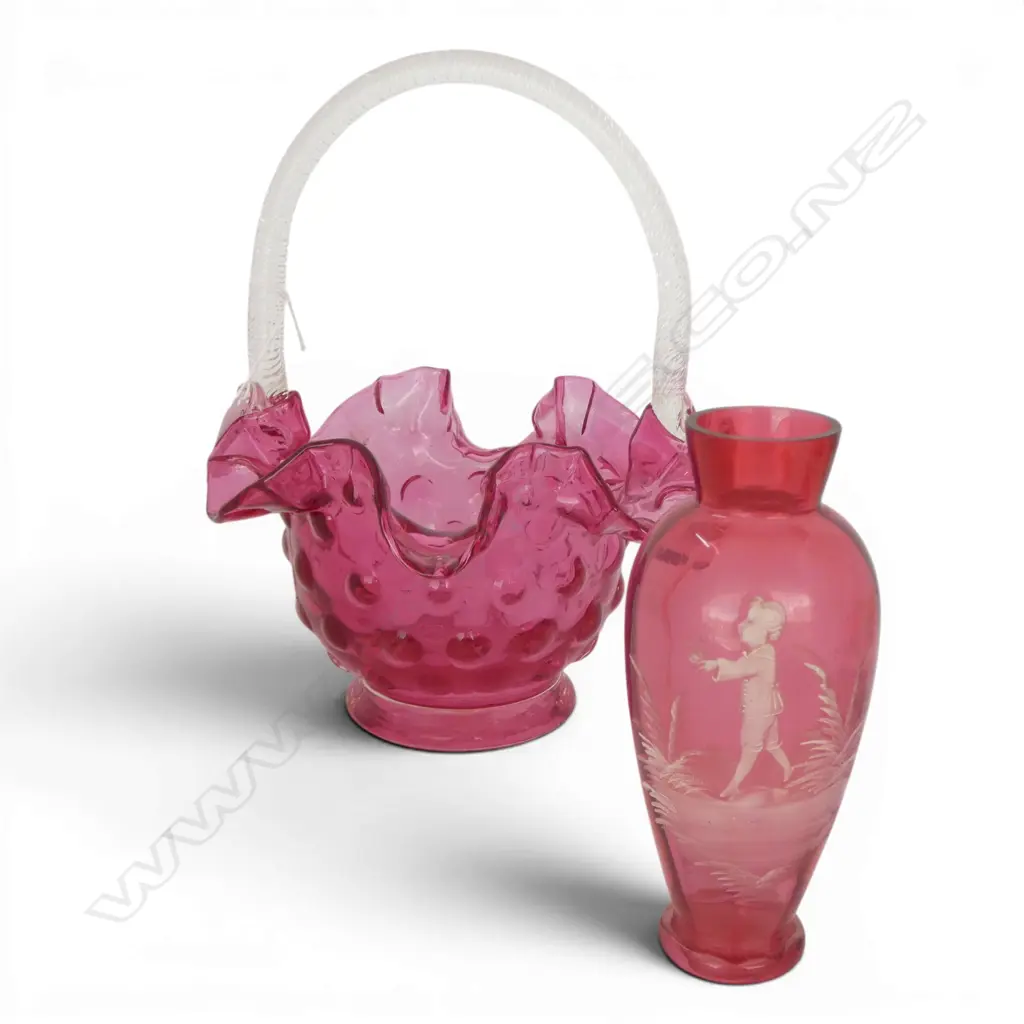 LARGE VICTORIAN CRANBERRY GLASS BASKET H280MM & MARY GREGORY CRANBERRY GLASS VASE H170MM Image 1++