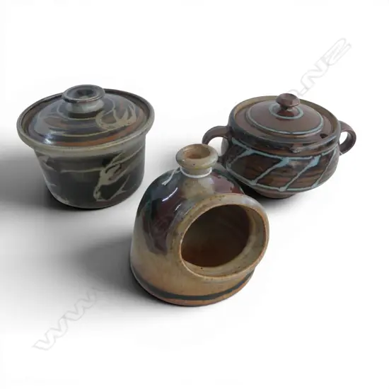 2 LIDDED STUDIO POTTERY JARS DIA160MM & SALT PIG H130MM