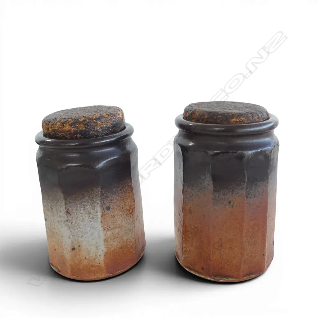 2 CORKED STUDIO POTTERY JARS  BY JEAN HASTEDT, H150MM Image 1++