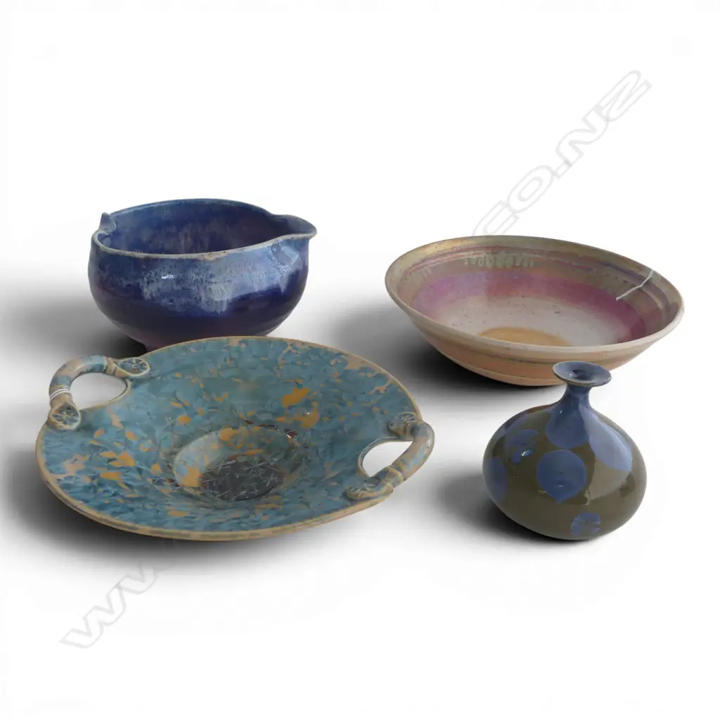 4PCS STUDIO POTTERY 2 HANDLED BOWL DIA230MM 2 BOWLS & SMALL LUSTER VASE 100MM Image 1++