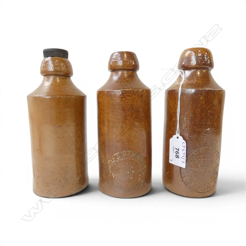 3 NZ STONEWARE BOTTLES 1898 THPMPSON CLIFFORD NAPIER  T GOODMAN NELSON  JAMES HAMILTON NELSON H175MM Image 1++