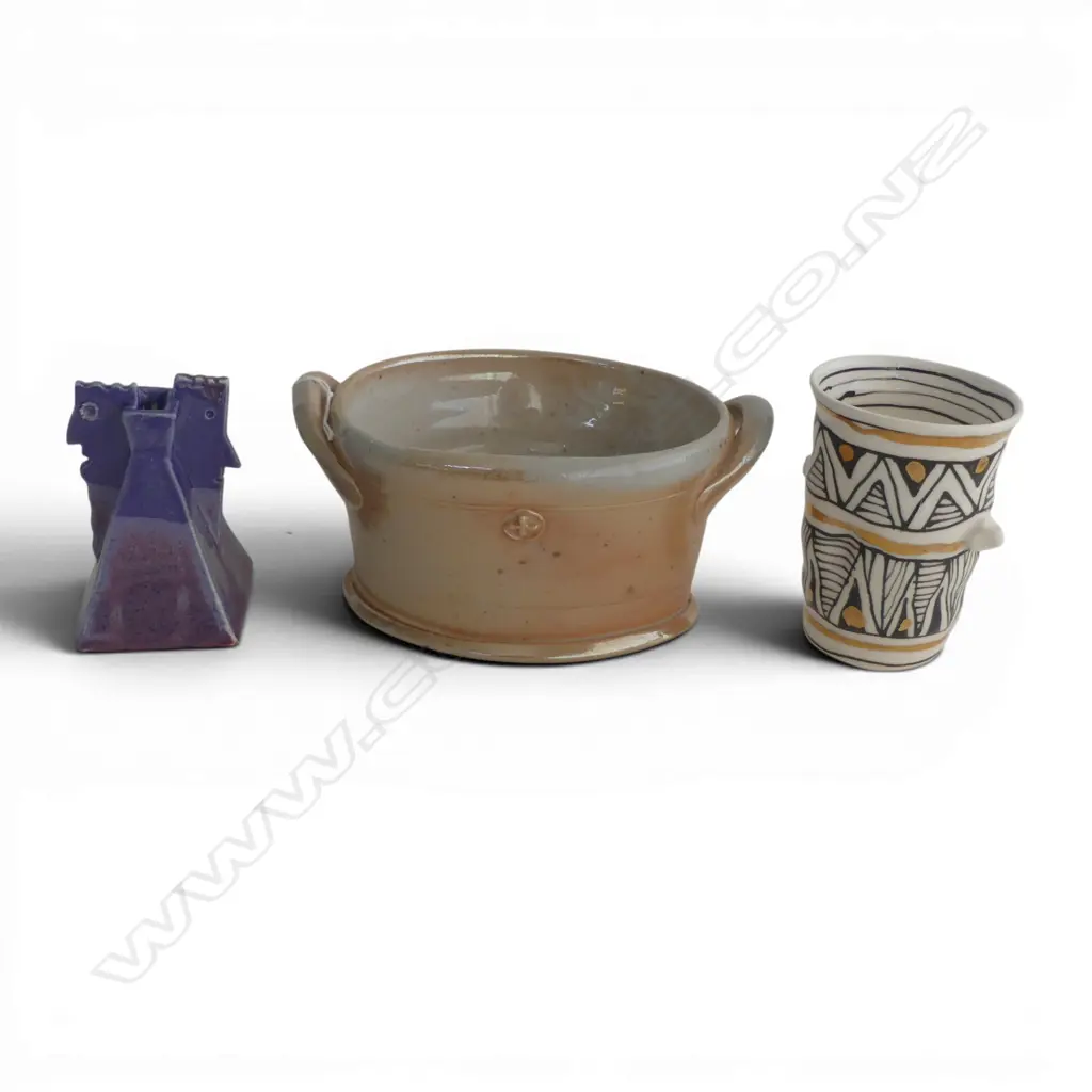 3 PCS STUDIO POTTERY FIGURAL VASE BH90MM BEAKER H100MM & 2 HANDLED BOWL H90MM Image 1++