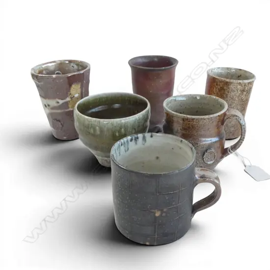 6  HAND FIRED STUDIO POTTERY MUGS & BEAKERS  H100MM AVERAGE