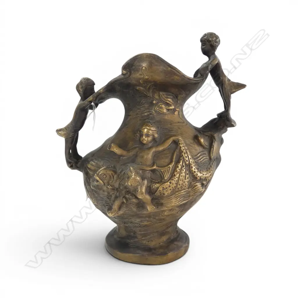 HEAVY CAST BRONZE VASE CHILDREN PLAYING WITH FISH & DRAGONFLY H220MM Image 1++