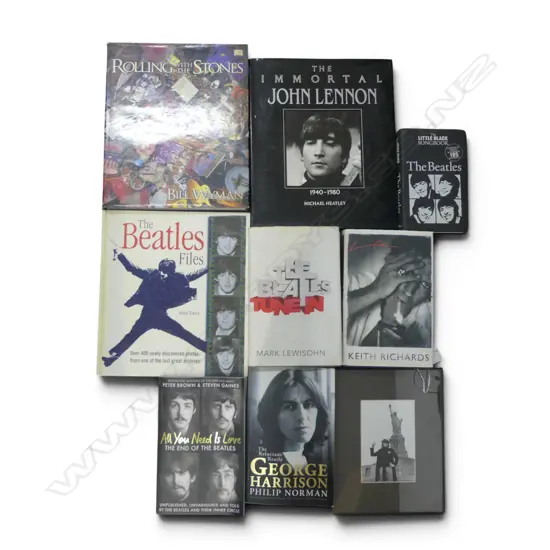 8 MUSIC BOOKS; 6 BEATLES, 2 ROLLING STONES + PRINT OF JOHN LENNON 140x95mm