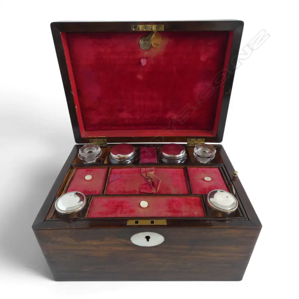 VICTORIAN ROSEWOOD VANITY BOX velvet lined w silver plated jars & accoutrement bottles Image 1++