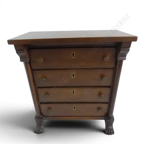 EDWARDIAN MAHOGANY/OAK APPRENTICE CHEST of DRAWERS w CLAW FEET, H.295mm