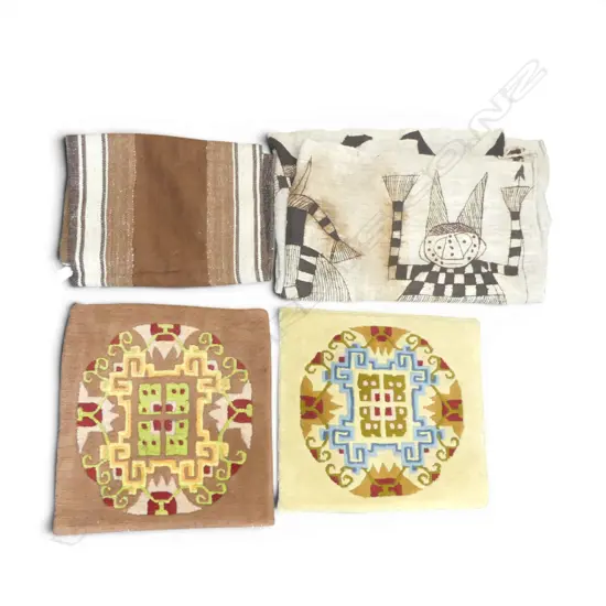 2 PCS HAND WOVEN FABRICS  & 2  SMALL CHINESE  WOOL MATS 450MM SQUARE