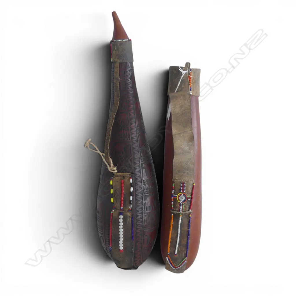 2 AFRICAN GOURD  LEATHER & BEAD  WATER  FLASKS L560 & 440MM  Image 1++