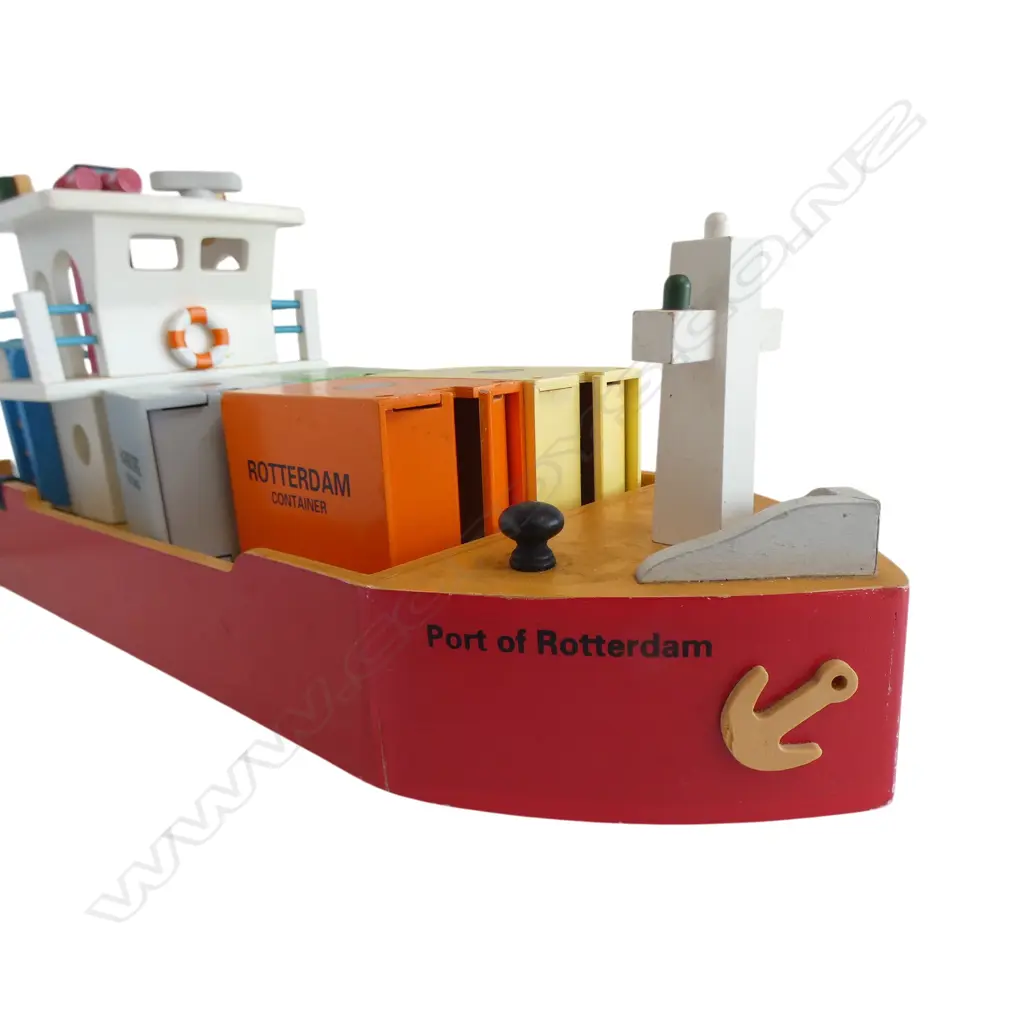 LARGE WOODEN ‘PORT OF ROTTERDAM’ TOY CONTAINER SHIP, L.620MM Image 1++