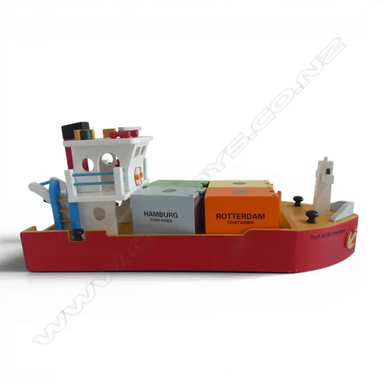 LARGE WOODEN ‘PORT OF ROTTERDAM’ TOY CONTAINER SHIP, L.620MM