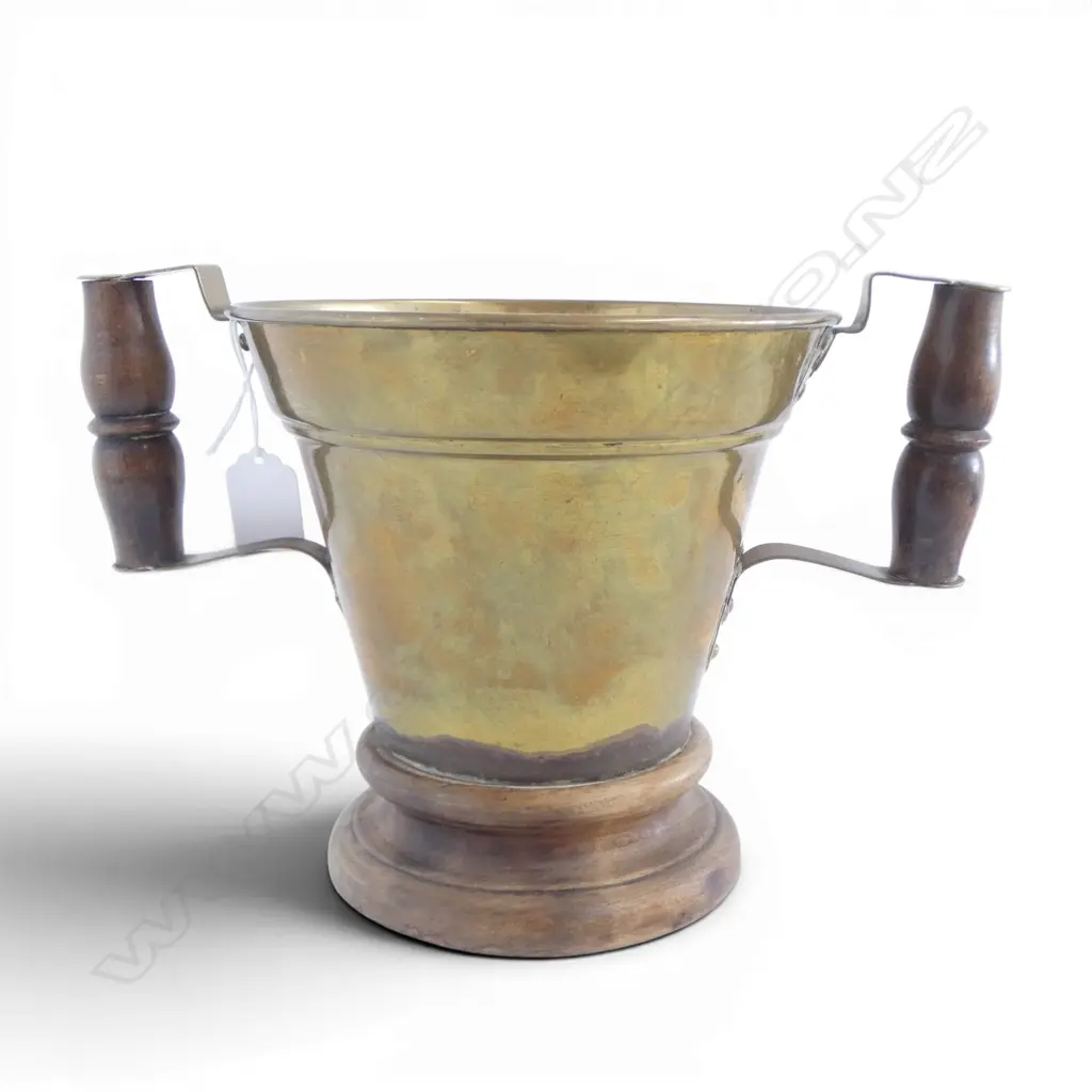 OLD BRASS & WOOD 2 HANDLED VESSEL Image 1++