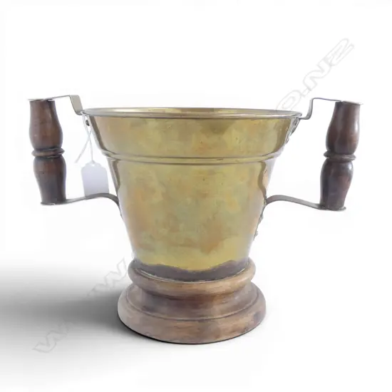 OLD BRASS & WOOD 2 HANDLED VESSEL
