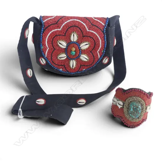 AFRICAN BEADWORK & KAURI SHELL PURSE & MATCHING BRACELET  TOURQUISE INSETS
