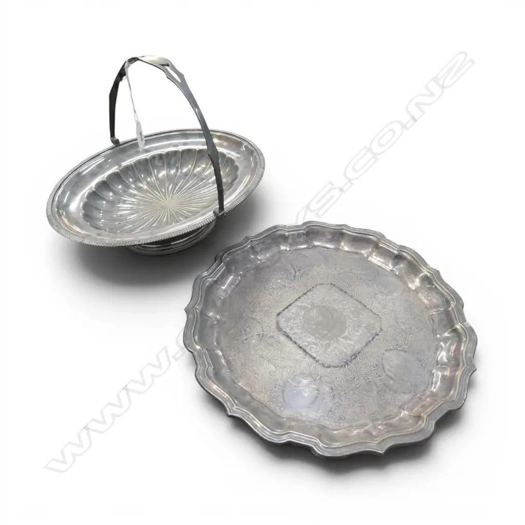 SILVER PLATE TRAY 315mm dia & BASKET Image 1++